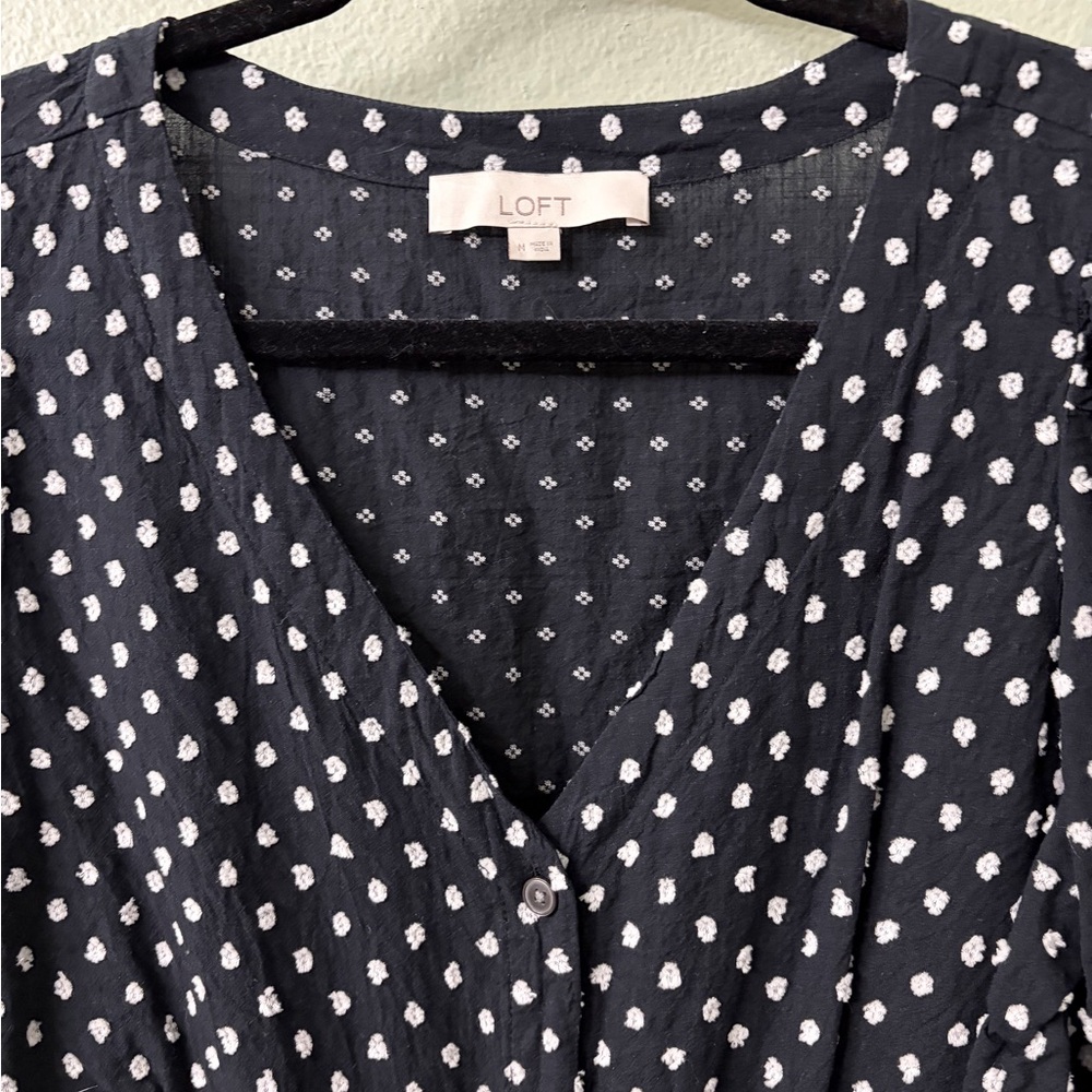 LOFT Black and White Polka Dot Tie-Front Blouse - Picture 3 of 4